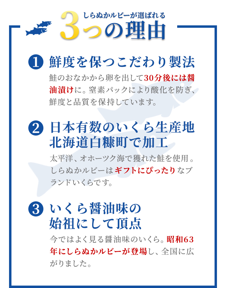 しらぬかルビーが選ばれる3つの理由 1 鮮度を保つこだわり製法 鮭のおなかから卵を出して30分後には醤油漬けに。窒素パックにより酸化を防ぎ、鮮度と品質を保持しています。 2 日本有数のいくら生産地 北海道白糠町で加工 太平洋、オホーツク海で獲れた鮭を使用。しらぬかルビーはギフトにぴったりなブランドいくらです。 3 いくら醤油味の始祖にして頂点 今ではよく見る醤油味のいくら。昭和63年にしらぬかルビーが登場し、全国に広がりました。