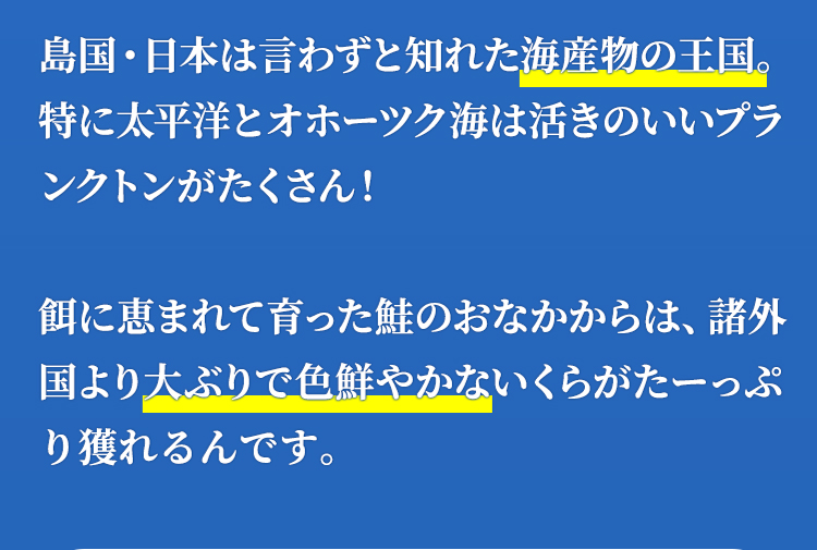 島国・日本は言わずと知れた海産物の王国。特に太平洋とオホーツク海は活きのいいプランクトンがたくさん！　餌に恵まれた育った鮭のおなかからは、諸外国より大ぶりで色鮮やかないくらがたーっぷり獲れるんです。