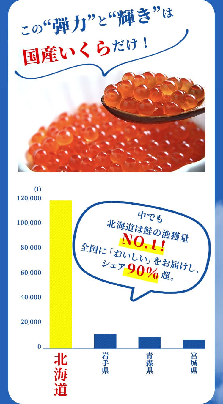 この”段力”と”輝き”は国産いくらだけ！中でも北海道は鮭の漁獲量No.1！全国に「おいしい」をお届けし、シェア90％超。